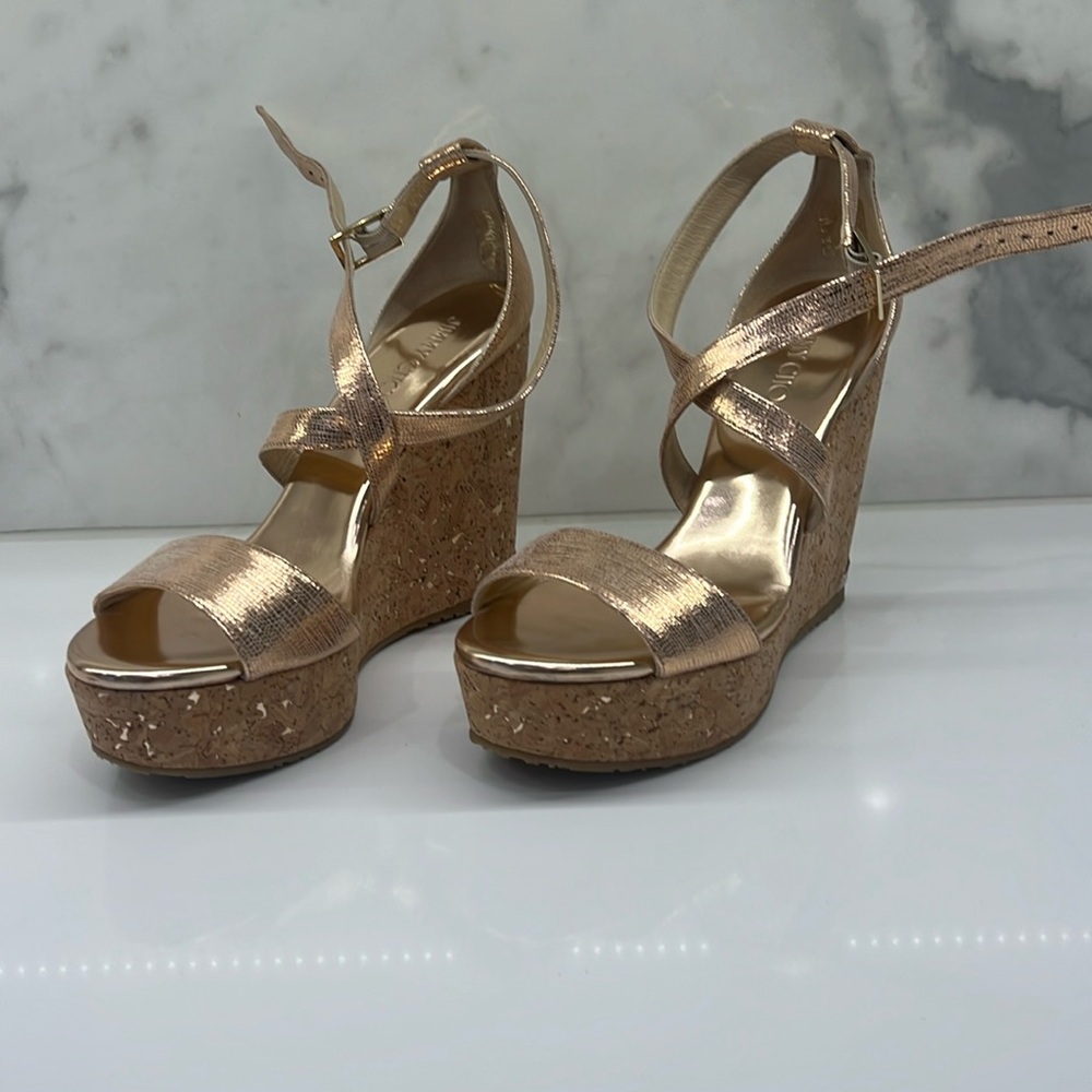 Jimmy Choo Metallic Rose Gold Leather Cork Wedge Sandals Size 39